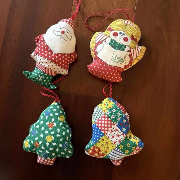 Vtg 70 Handmade Fabric Stuffed Christmas Ornament Lot of 4 Angel Santa Bell Tree - Picture 2 of 7